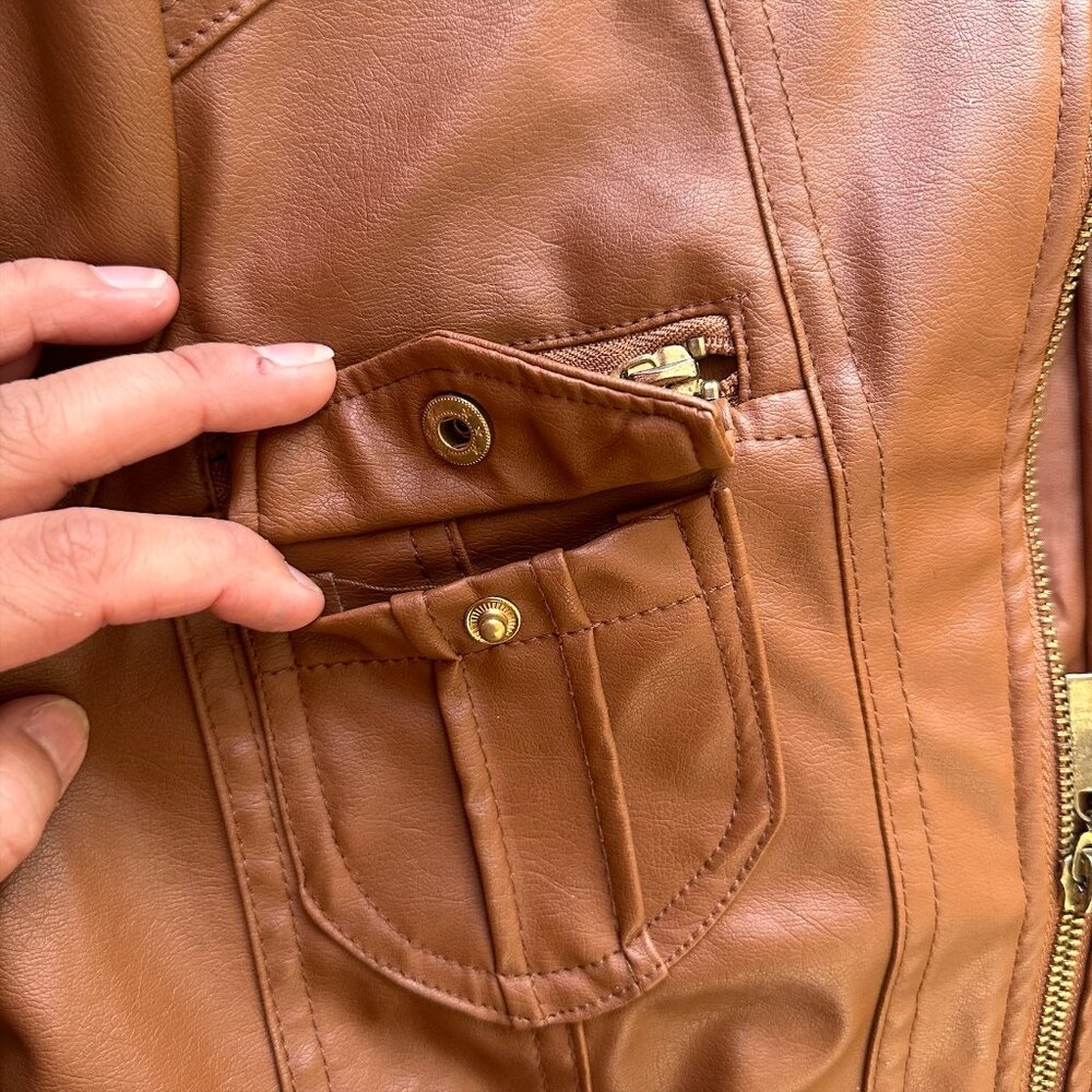 Women Vintage Style Brown Biker Leather Jacket with Pockets